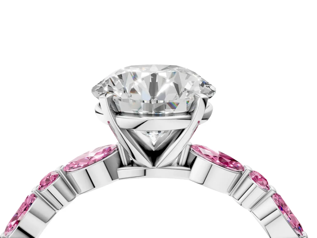 Round Cut Diamond Ring with Marquise and Round Pink Sapphire Side Stones and Four-Prong Setting Silver