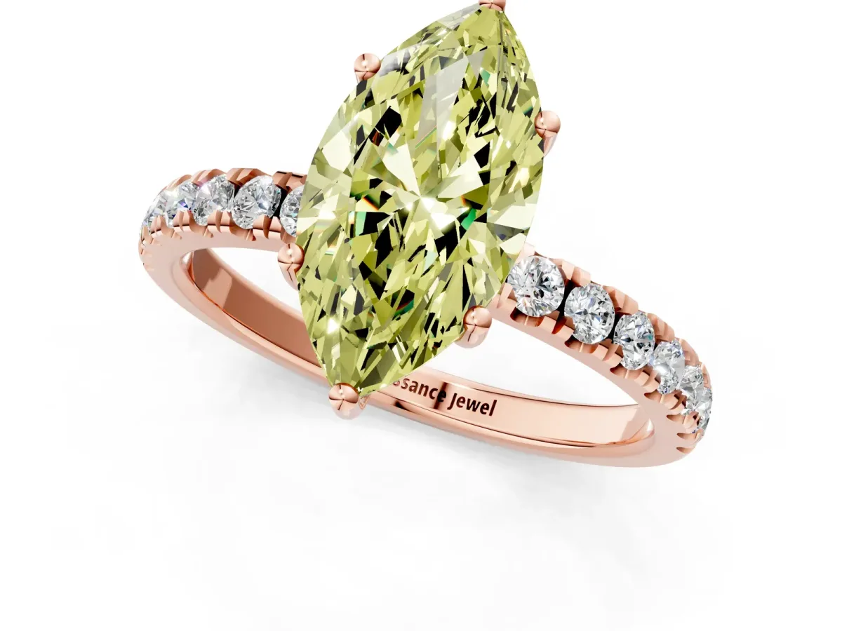 Fancy Yellow Marquise Cut Diamond Pave Band Solitaire Ring with Round and Prong Setting Rose gold