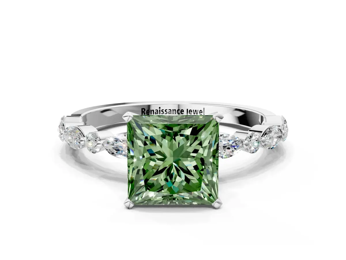 Fancy Green Princess Cut Diamond Ring with Marquise and Round Side Stones and Four-Prong Setting Silver