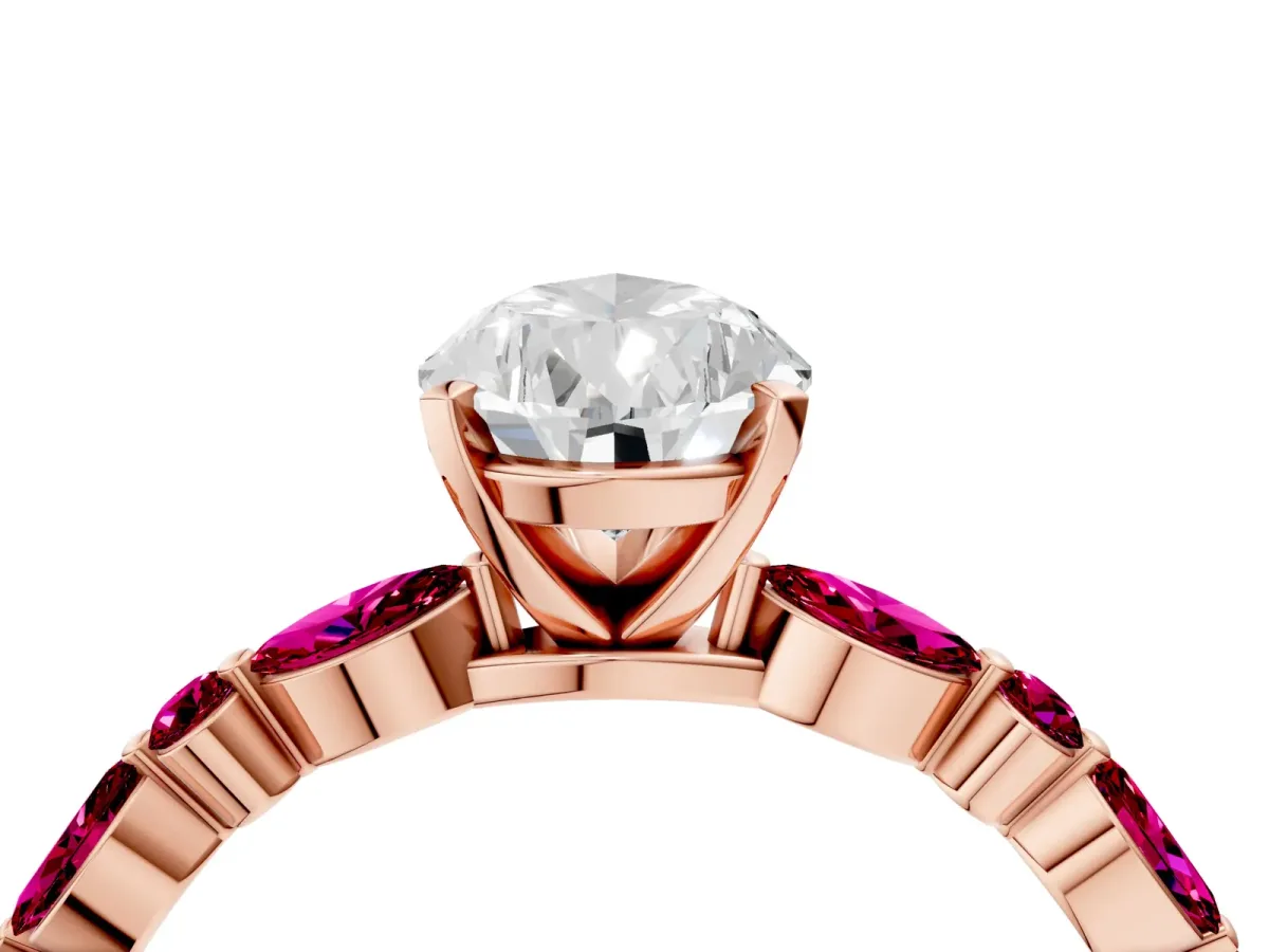 Pear Cut Diamond Ring with Marquise and Round Garnet Side Stones and Four-Prong Setting Rose gold