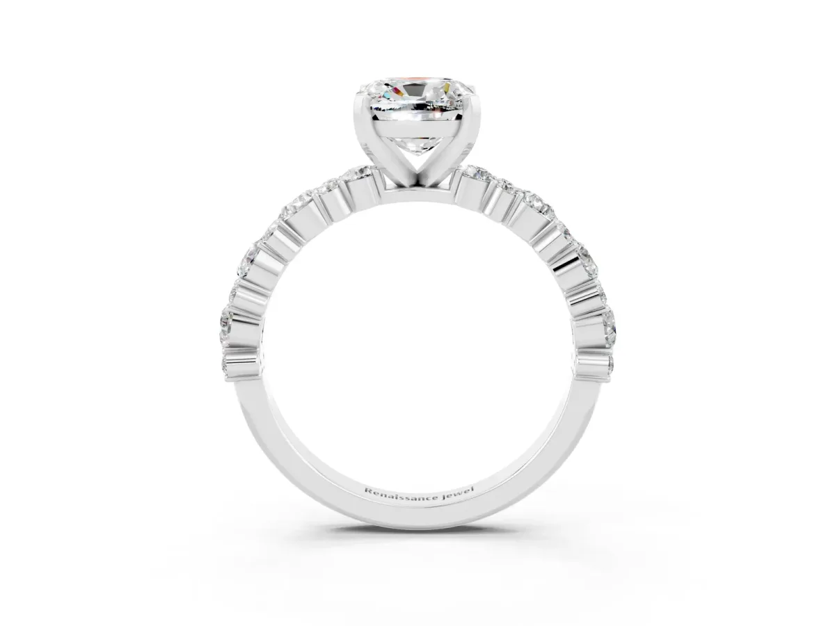 Cushion Cut Moissanite Side Stone Solitaire Ring with Round and Four-Prong Setting White gold