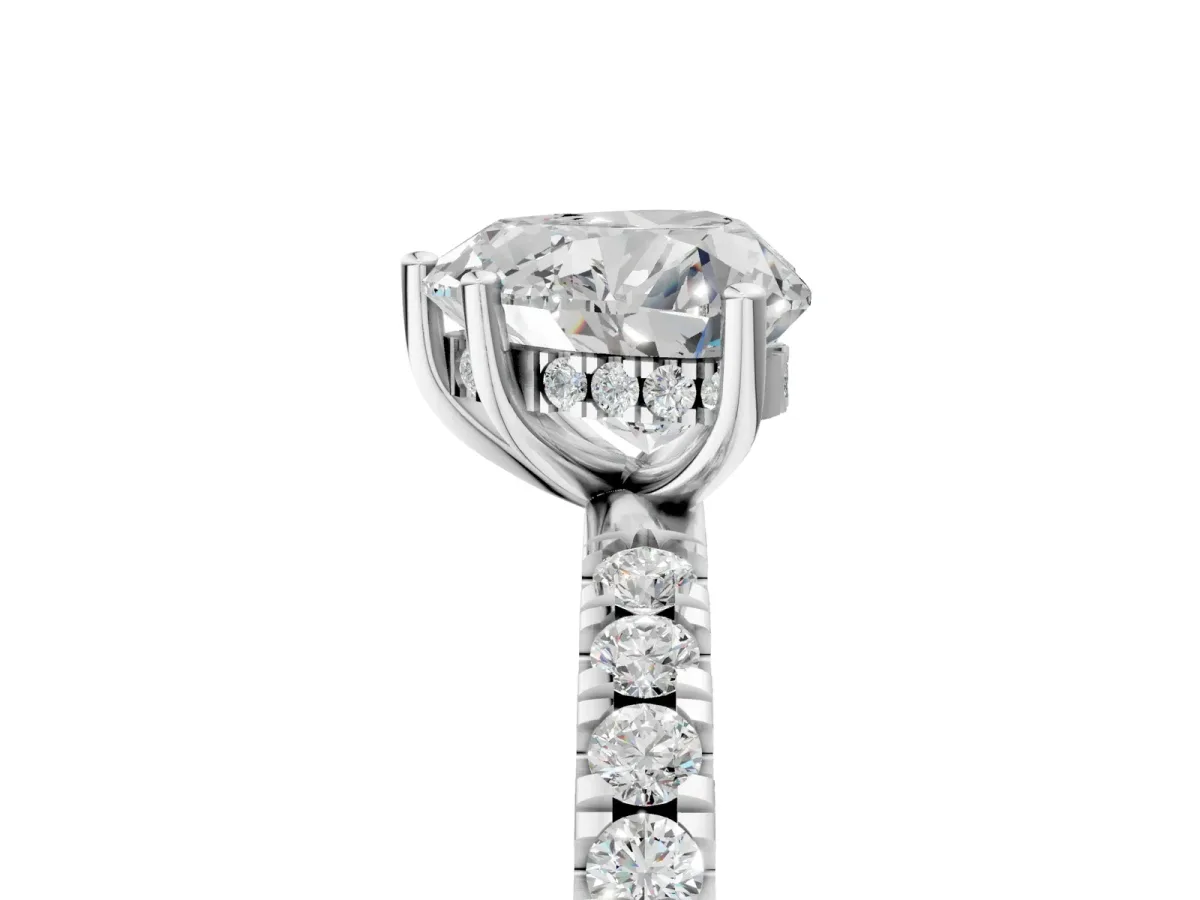 Heart Cut Diamond Pave Band Solitaire Ring with Round Moissanite and Prong Setting Platinum