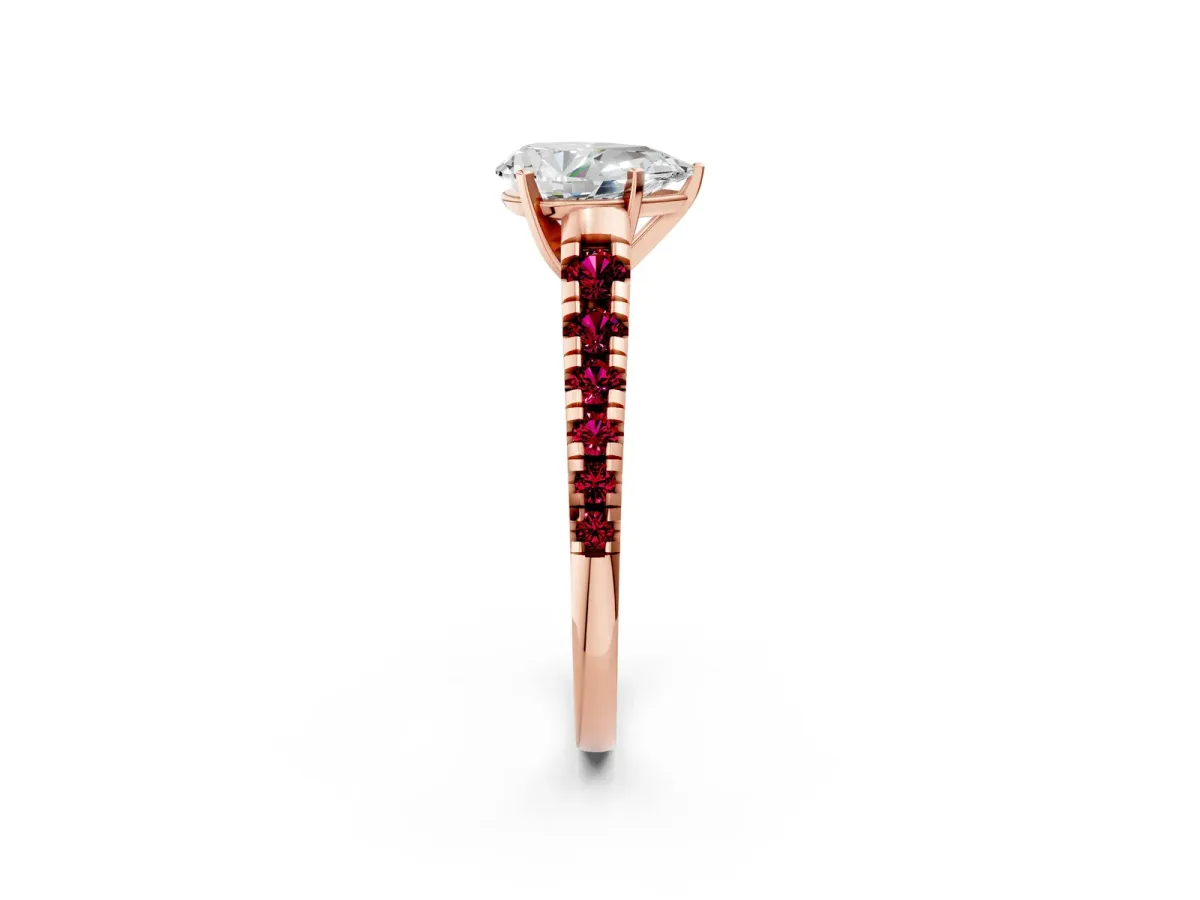 Pear Cut Diamond Cathedral Solitaire Ring with Round Garnet Pavé Band Rose gold