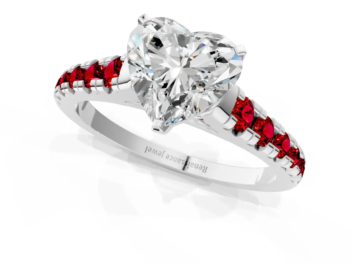 Heart Cut Diamond Cathedral Solitaire Ring with Round Ruby Pavé Band White gold