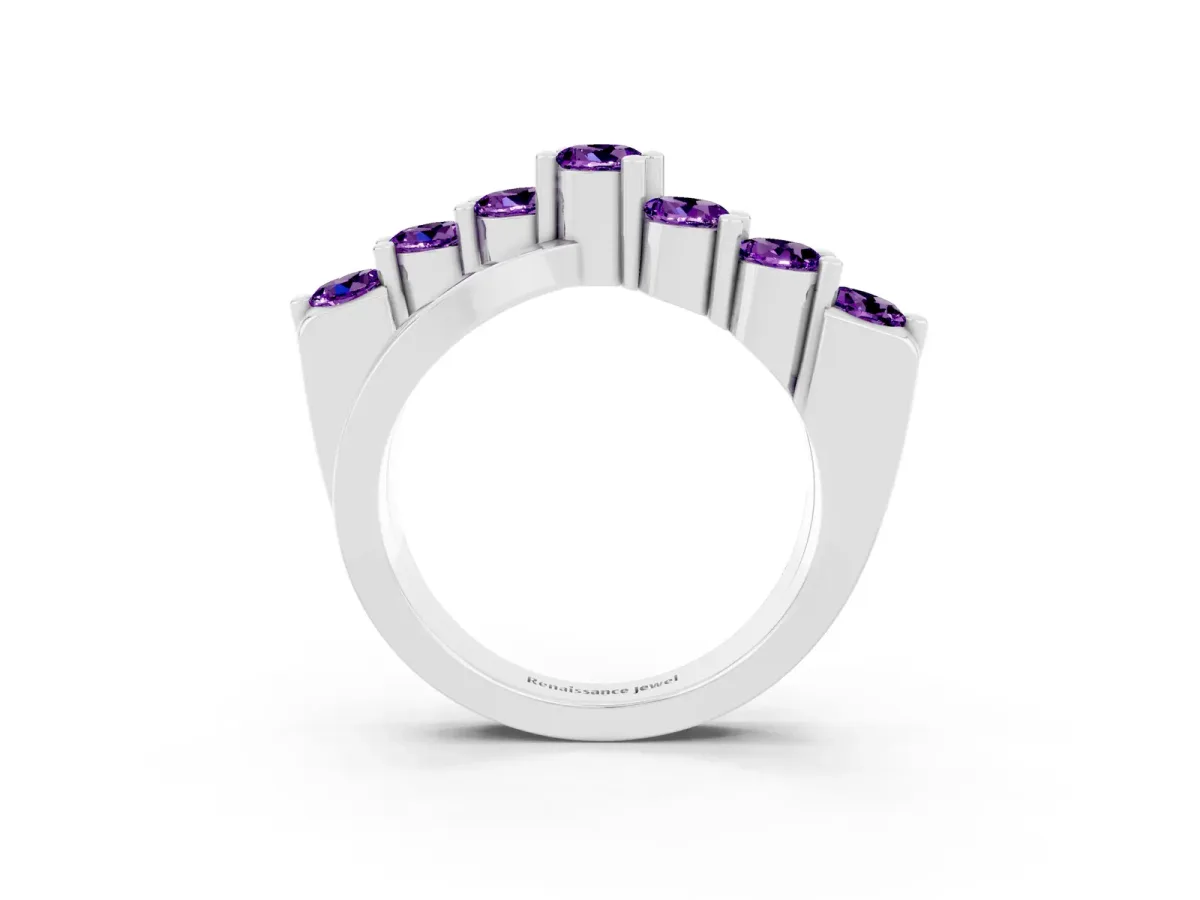 Round Amethyst Prong-Set Crossover Band Silver