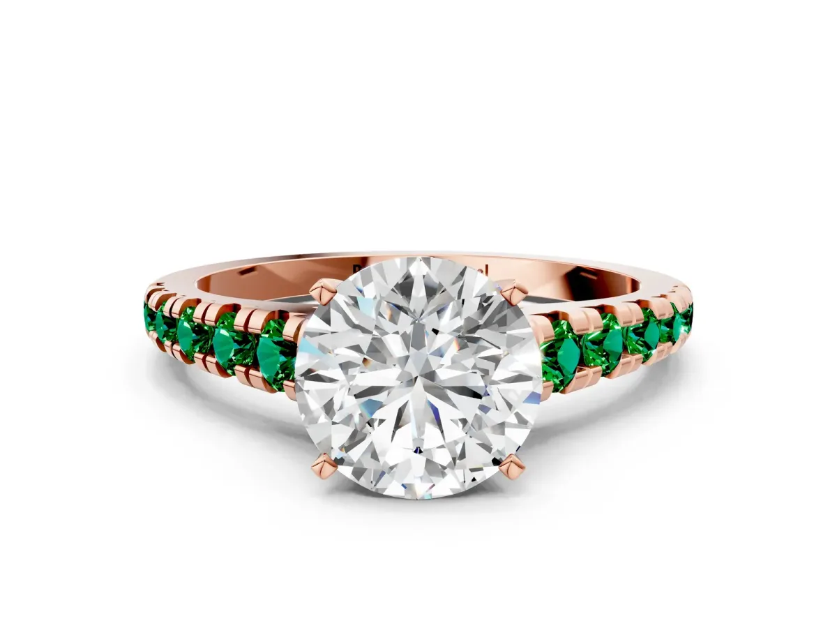 Round Cut Diamond Cathedral Solitaire Ring with Round Emerald Pavé Band Rose gold
