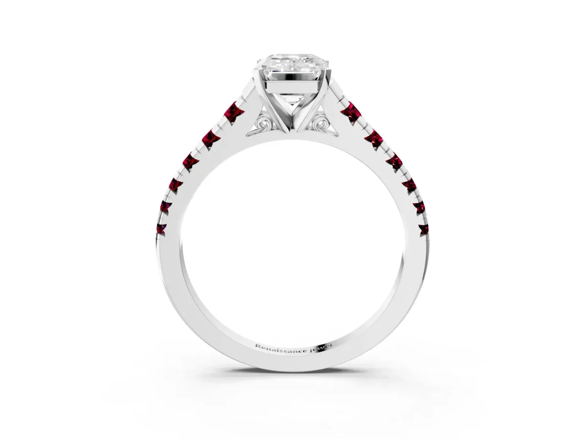 Emerald Cut Diamond Cathedral Solitaire Ring with Round Garnet Pavé Band Silver