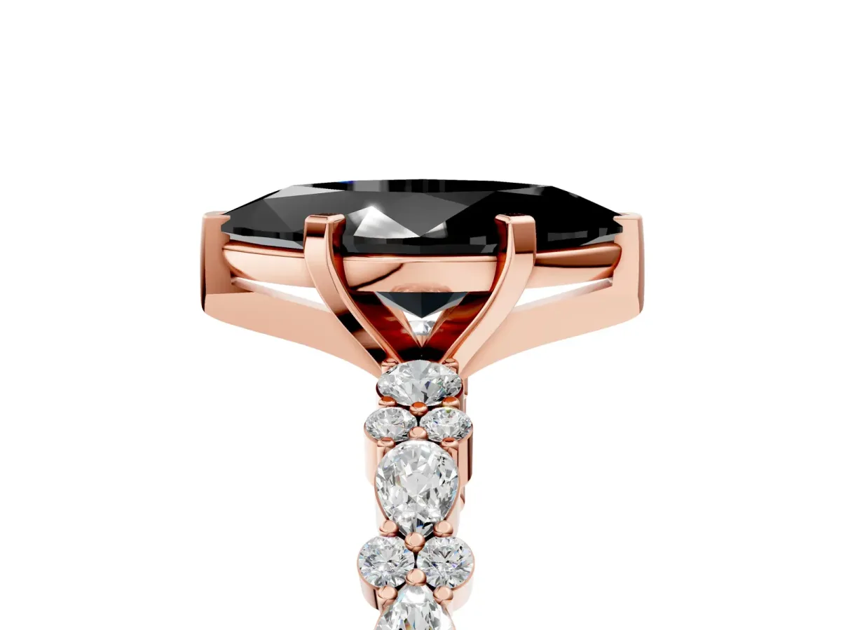 Fancy Black Marquise Cut Diamond Side Stone Solitaire Ring with Round and Four-Prong Setting Rose gold