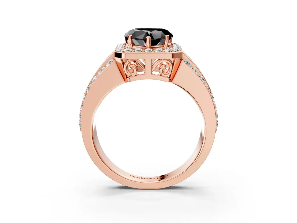 Fancy Black Heart Cut Halo Diamond Ring with Round Split Shank and Prong Setting Rose gold