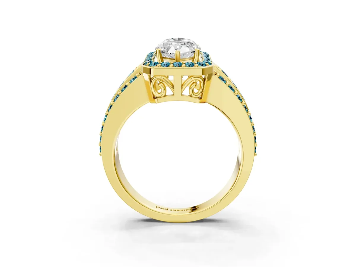 Marquise Cut Halo Diamond Ring with Round Blue Topaz Split Shank and Prong Setting Yellow gold