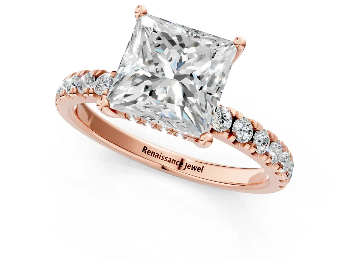 Princess Cut Diamond Pave Band Solitaire Ring with Round and Prong Setting Rose gold
