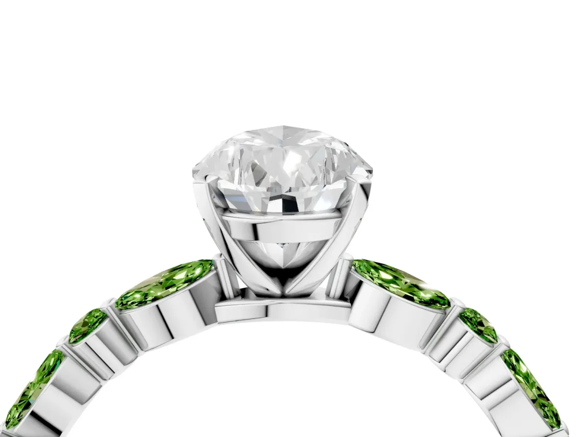 Pear Cut Diamond Ring with Marquise and Round Peridot Side Stones and Four-Prong Setting Platinum