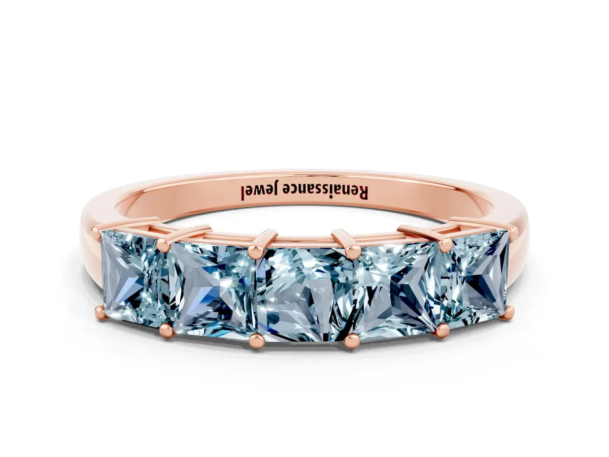 Princess Cut Five-Stone Aquamarine Band with Prong Setting Rose gold