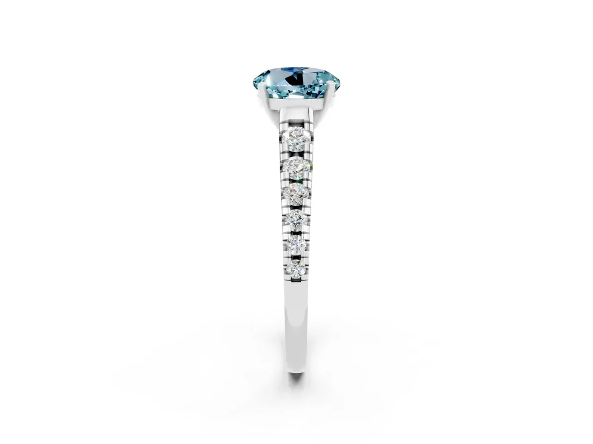 Round Cut Aquamarine Cathedral Solitaire Ring with Round Pavé Band Platinum