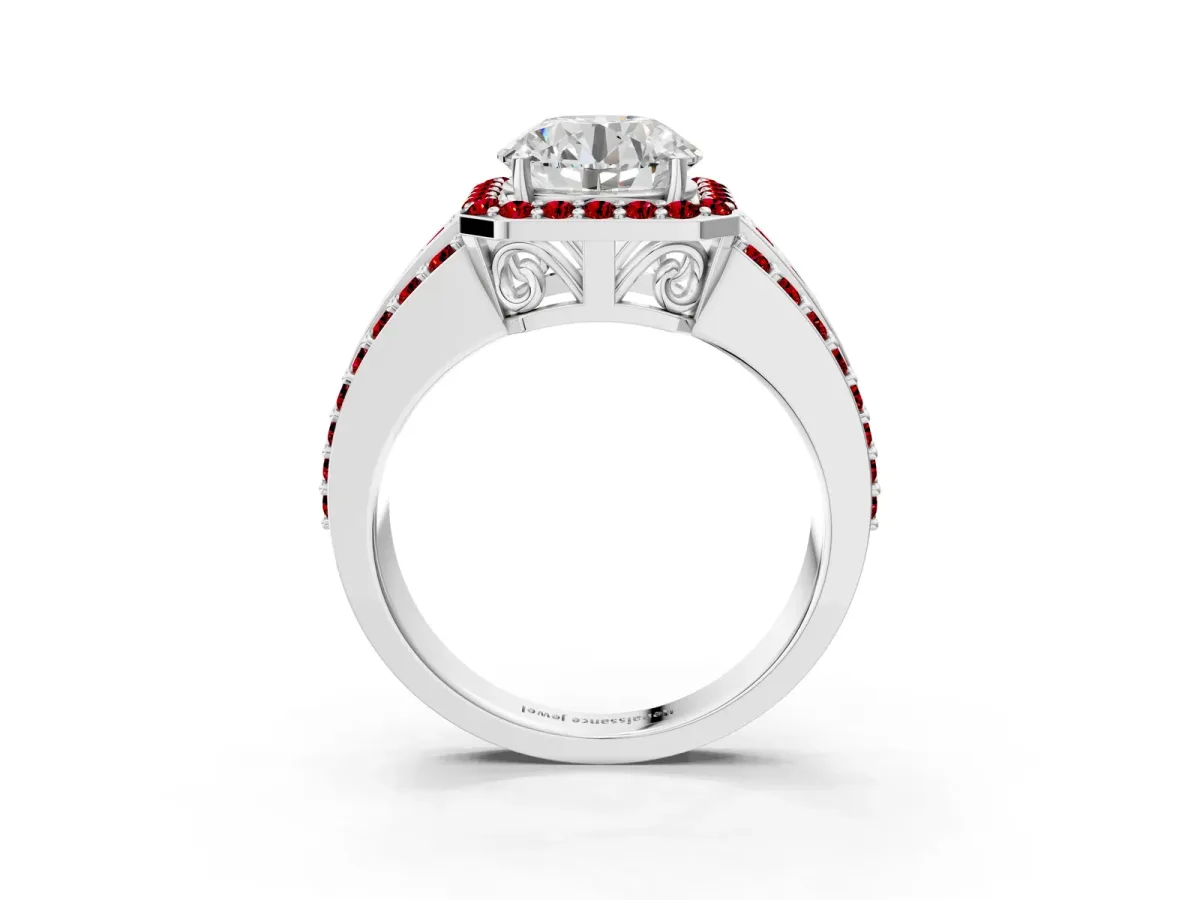 Round Cut Halo Diamond Ring with Round Ruby Split Shank and Prong Setting Platinum
