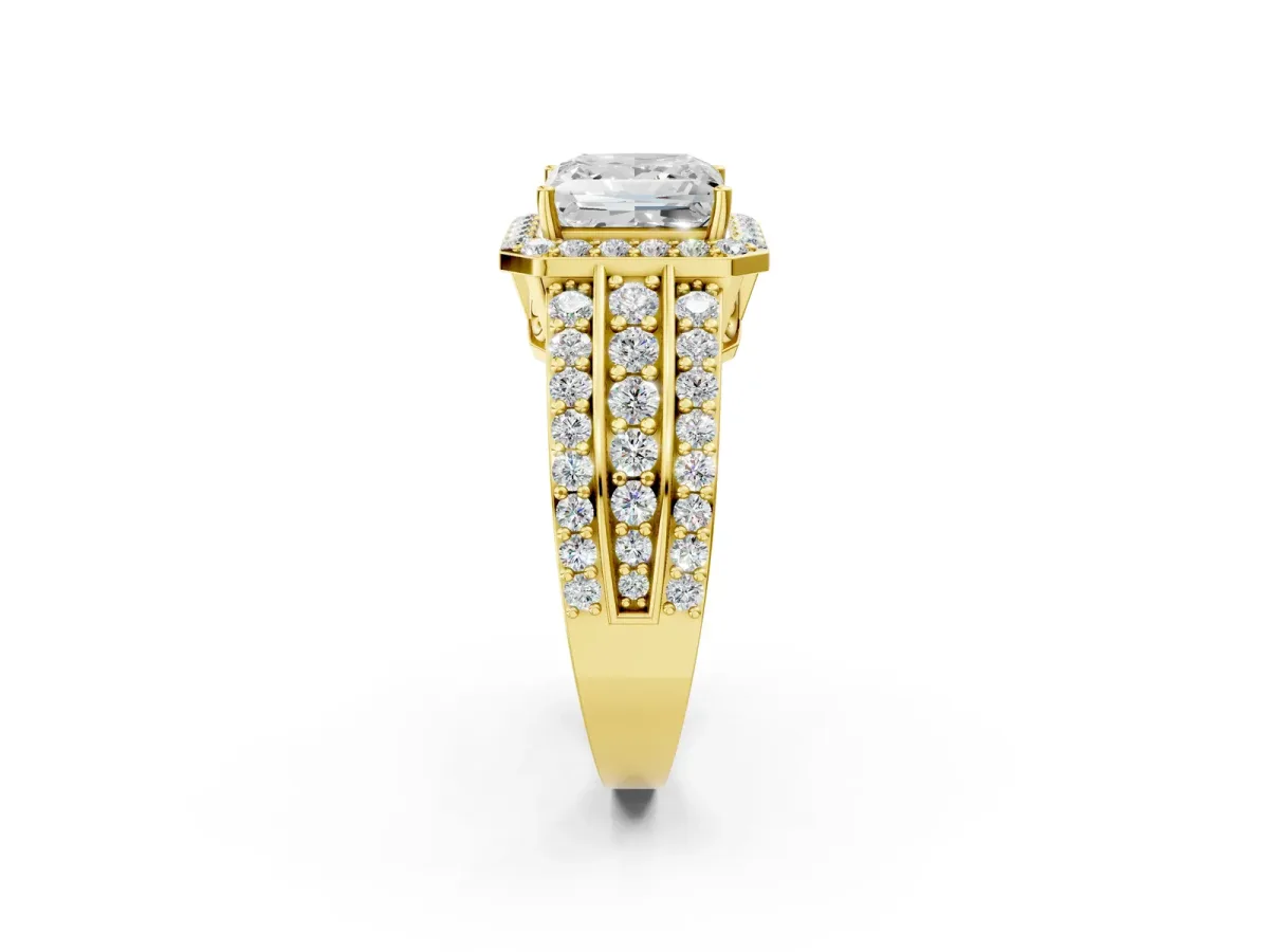 Princess Cut Halo Diamond Ring with Round Moissanite Split Shank and Prong Setting Yellow gold