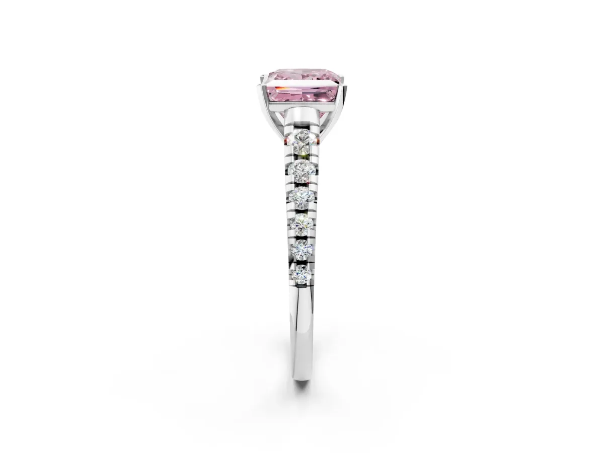 Fancy Pink Princess Cut Diamond Cathedral Solitaire Ring with Round Pavé Band Silver