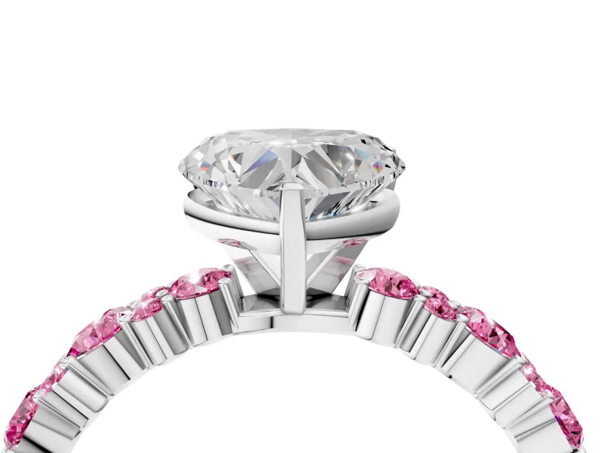 Heart Cut Diamond Side Stone Solitaire Ring with Round Pink Sapphire and Four-Prong Setting Platinum