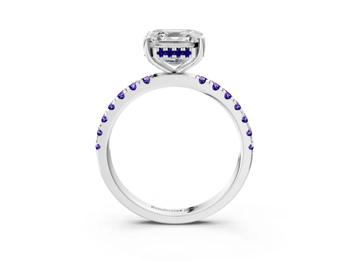 Asscher Cut Diamond Pave Band Solitaire Ring with Round Tanzanite and Prong Setting Platinum