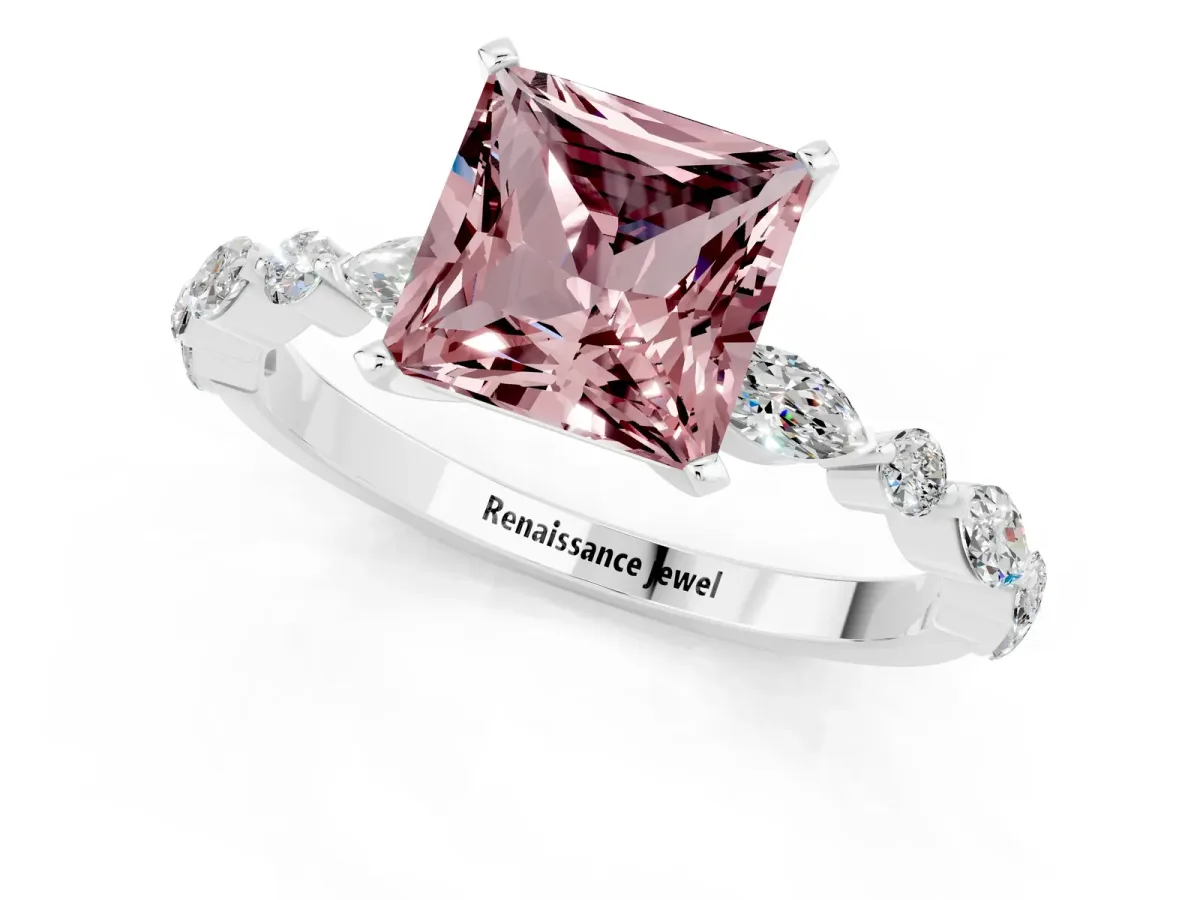 Princess Cut Morganite Ring with Marquise and Round Side Stones and Four-Prong Setting Silver