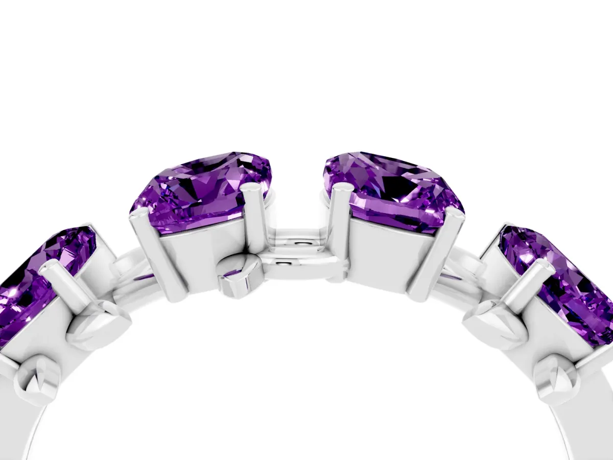Four-Stone Elongated Cushion Amethyst Band with Nature-Inspired Prong Setting Platinum
