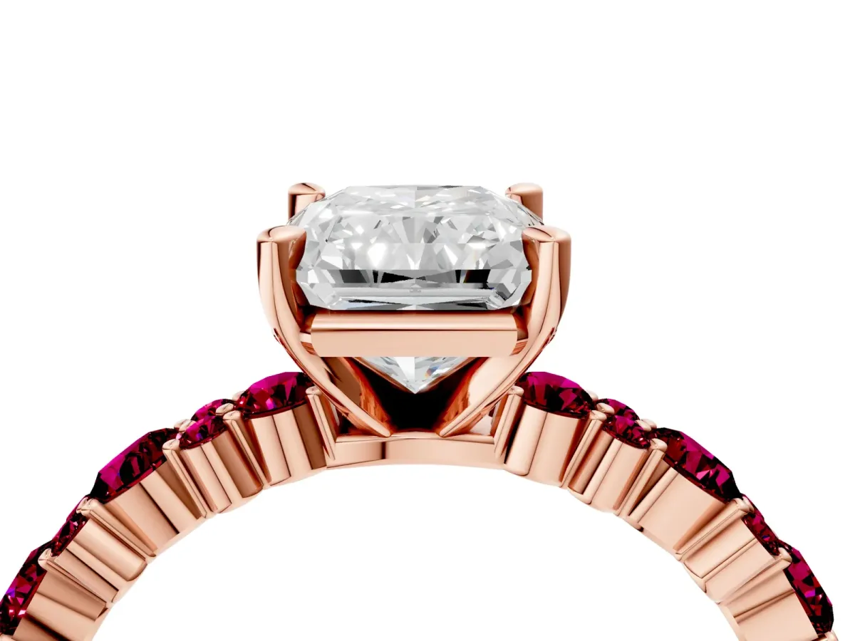 Radiant Cut Diamond Side Stone Solitaire Ring with Round Garnet and Four-Prong Setting Rose gold
