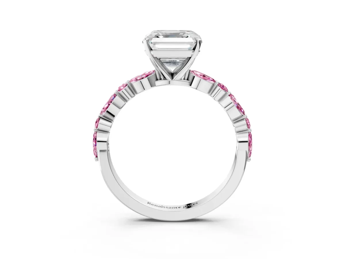 Asscher Cut Diamond Ring with Marquise and Round Pink Sapphire Side Stones and Four-Prong Setting Silver
