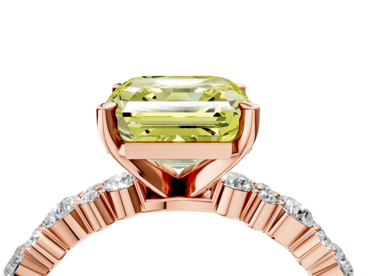Fancy Yellow Asscher Cut Diamond Side Stone Solitaire Ring with Round and Four-Prong Setting Rose gold