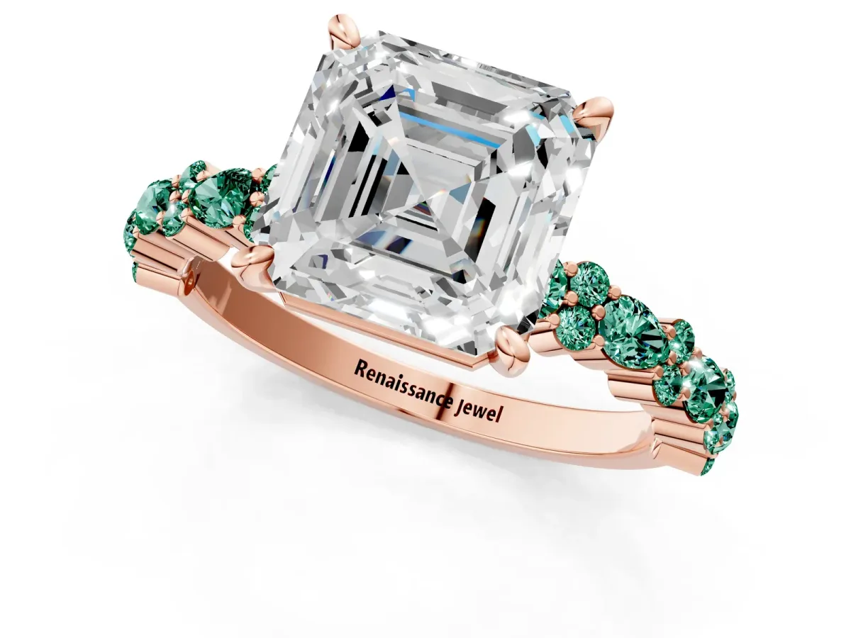 Asscher Cut Diamond Side Stone Solitaire Ring with Round Green Sapphire and Four-Prong Setting Rose gold