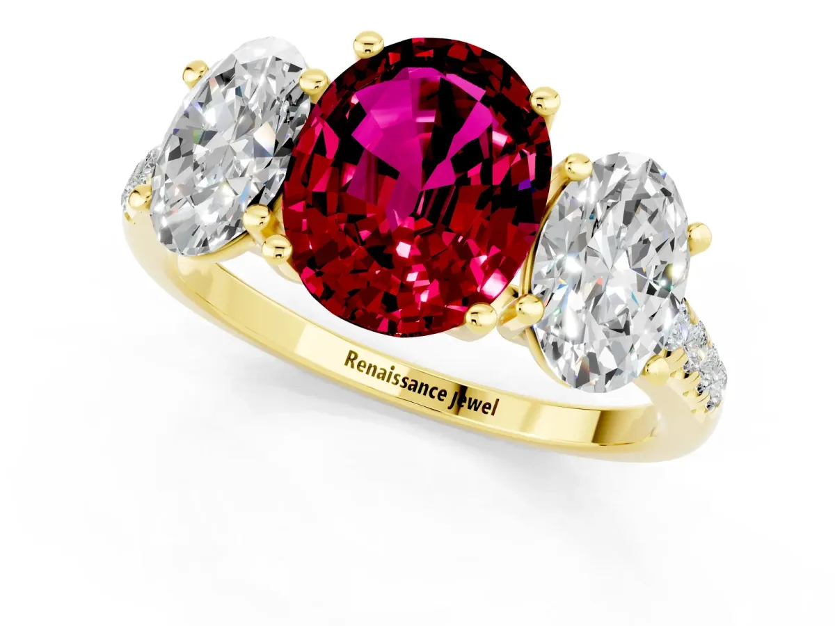 Three-Stone Oval Cut Garnet Ring with Round Pavé Band and Prong Setting Yellow gold