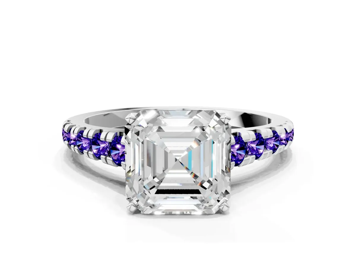 Asscher Cut Diamond Cathedral Solitaire Ring with Round Tanzanite Pavé Band Platinum