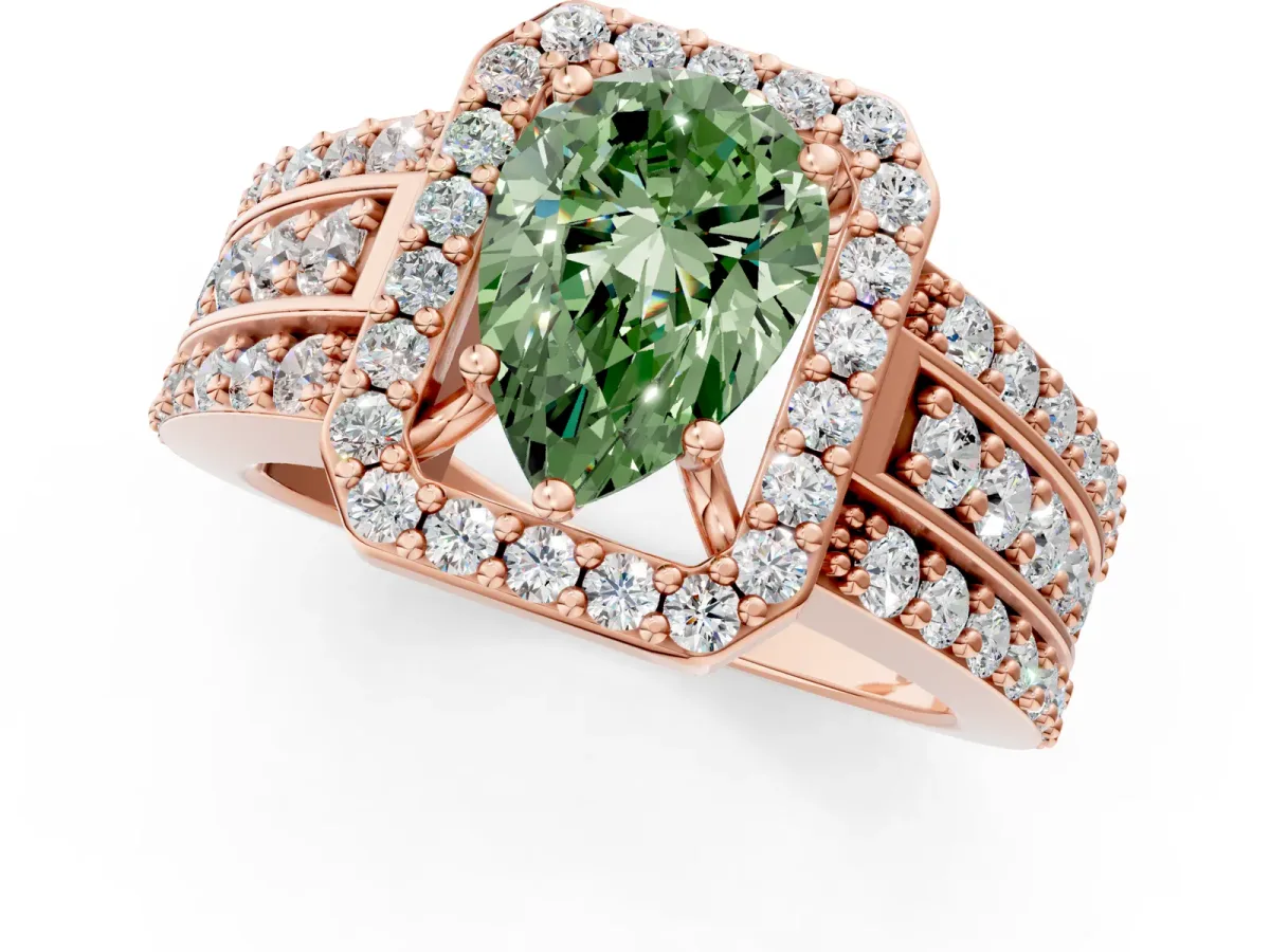 Fancy Green Pear Cut Halo Diamond Ring with Round Split Shank and Prong Setting Rose gold