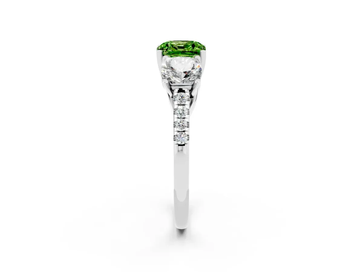 Three-Stone Cushion Cut Peridot Ring with Round Pavé Band and Prong Setting Platinum