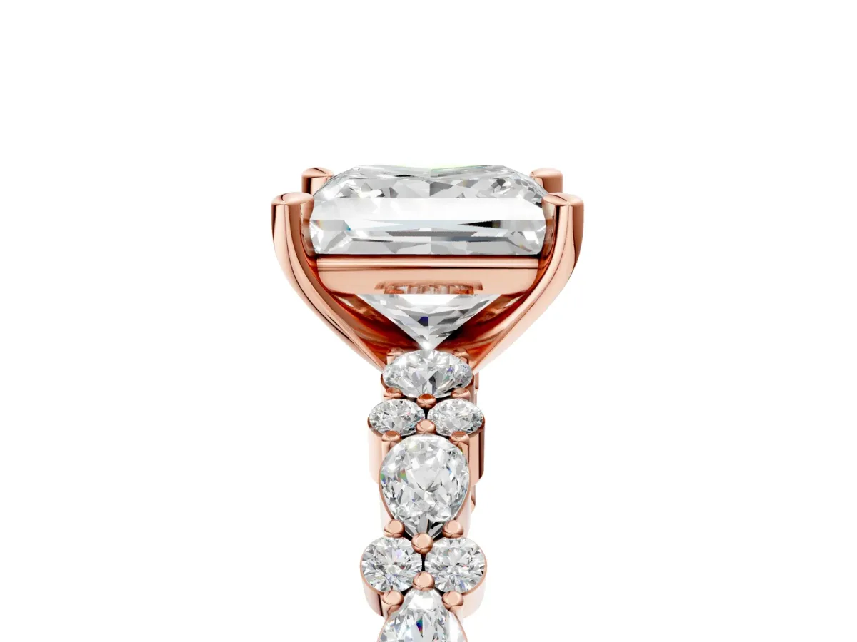 Princess Cut Diamond Side Stone Solitaire Ring with Round Moissanite and Four-Prong Setting Rose gold