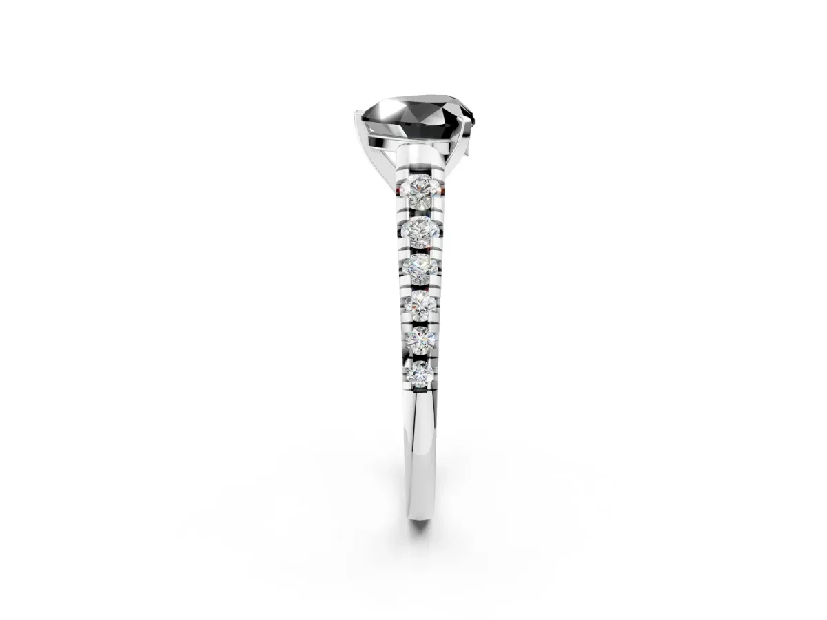 Fancy Black Heart Cut Diamond Cathedral Solitaire Ring with Round Pavé Band Silver