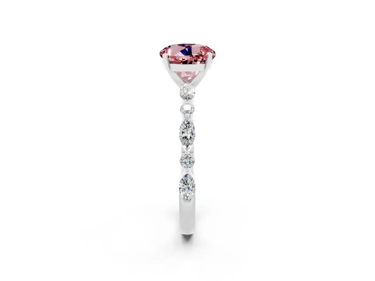 Round Cut Morganite Ring with Marquise and Round Side Stones and Four-Prong Setting Platinum