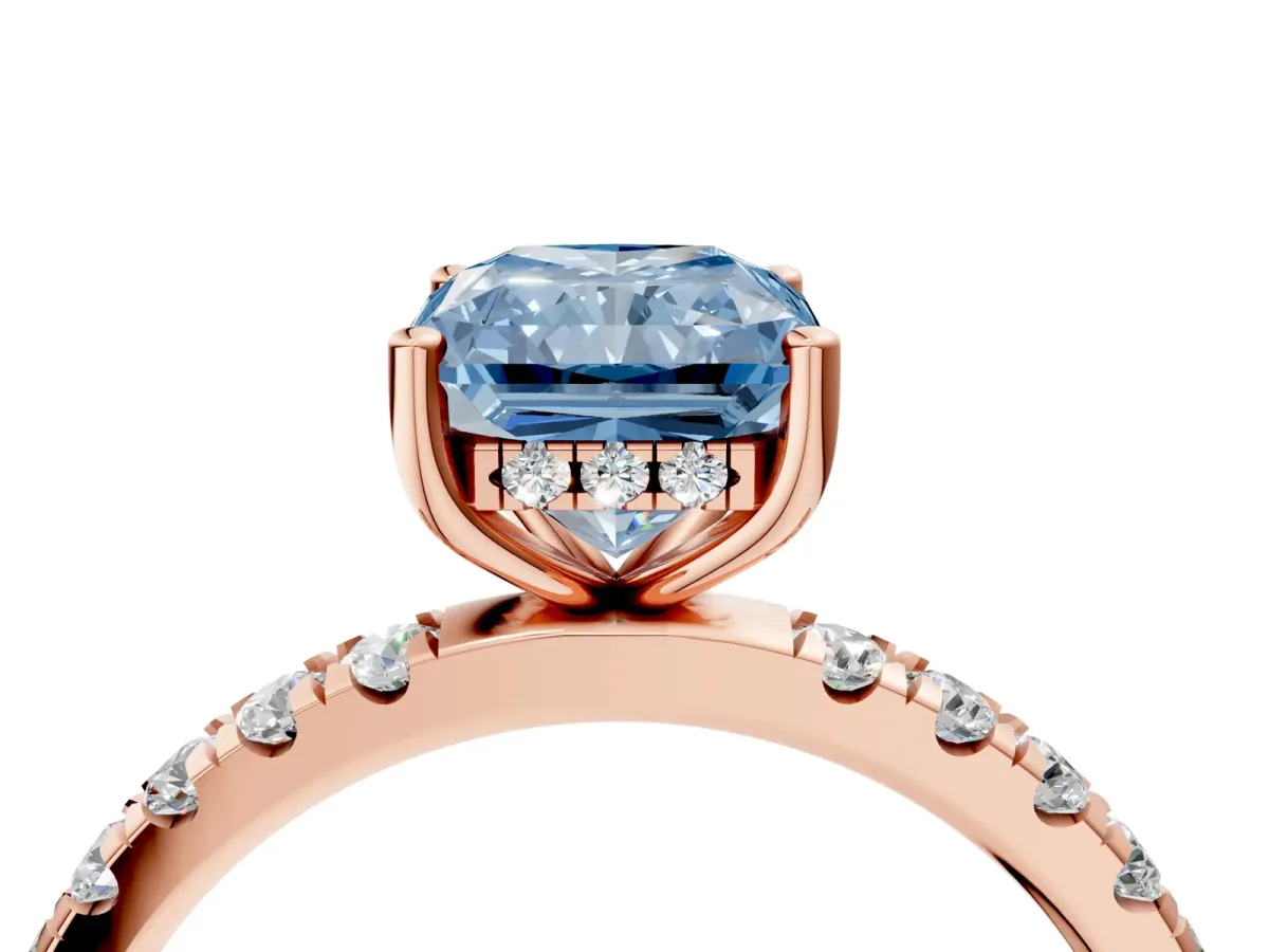 Fancy Blue Radiant Cut Diamond Pave Band Solitaire Ring with Round and Prong Setting Rose gold