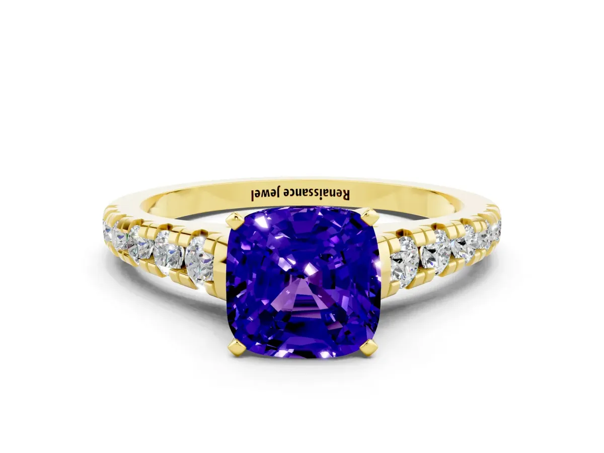 Cushion Cut Tanzanite Cathedral Solitaire Ring with Round Pavé Band Yellow gold