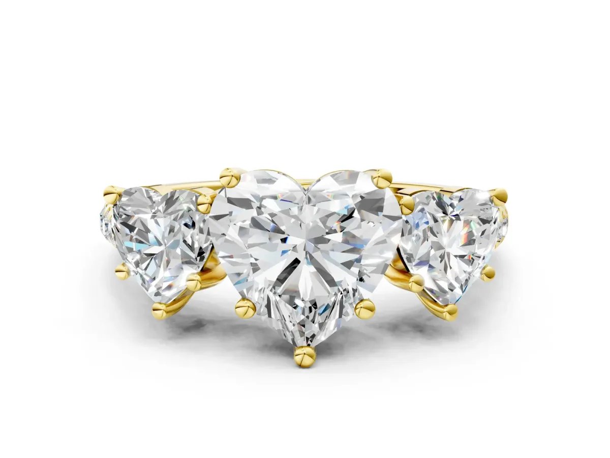 Three-Stone Heart Cut Diamond Ring with Round Moissanite Pavé Band and Prong Setting Yellow gold