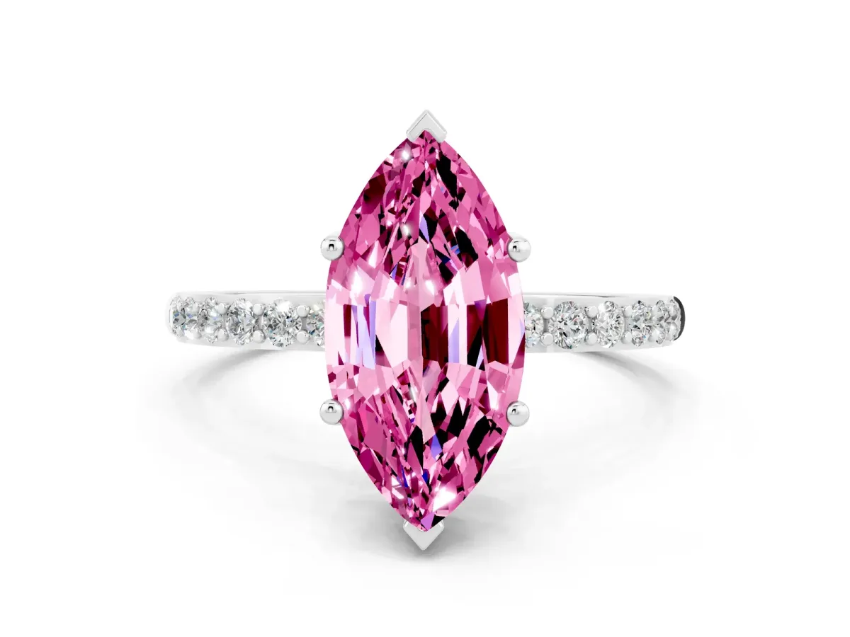 Marquise Cut Pink Sapphire Solitaire Ring with Round Pavé Band and Prong Setting Platinum