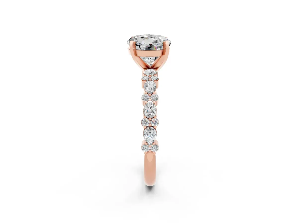 Round Cut Moissanite Side Stone Solitaire Ring with Round and Four-Prong Setting Rose gold