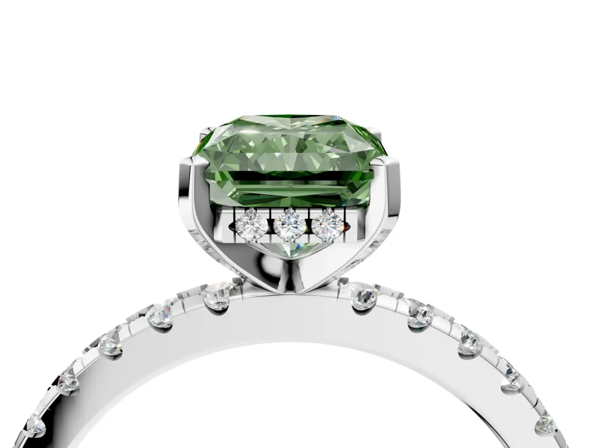 Fancy Green Radiant Cut Diamond Solitaire Ring with Round Pavé Band and Four-Prong Setting Silver