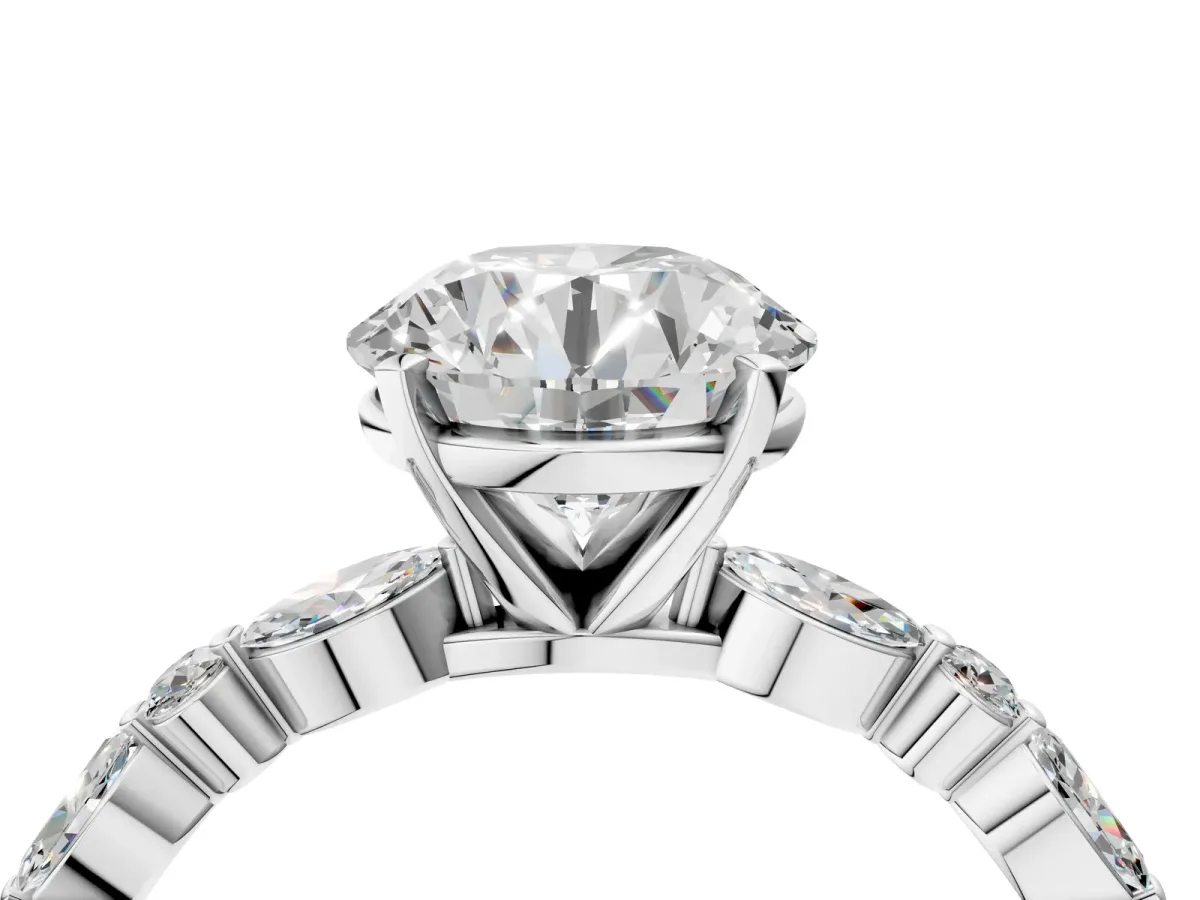 Round Cut Diamond Ring with Marquise and Round Side Stones and Four-Prong Setting White gold