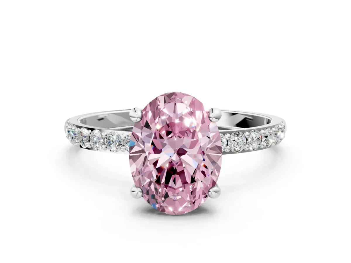 Fancy Pink Oval Cut Diamond Solitaire Ring with Round Pavé Band and Prong Setting Platinum