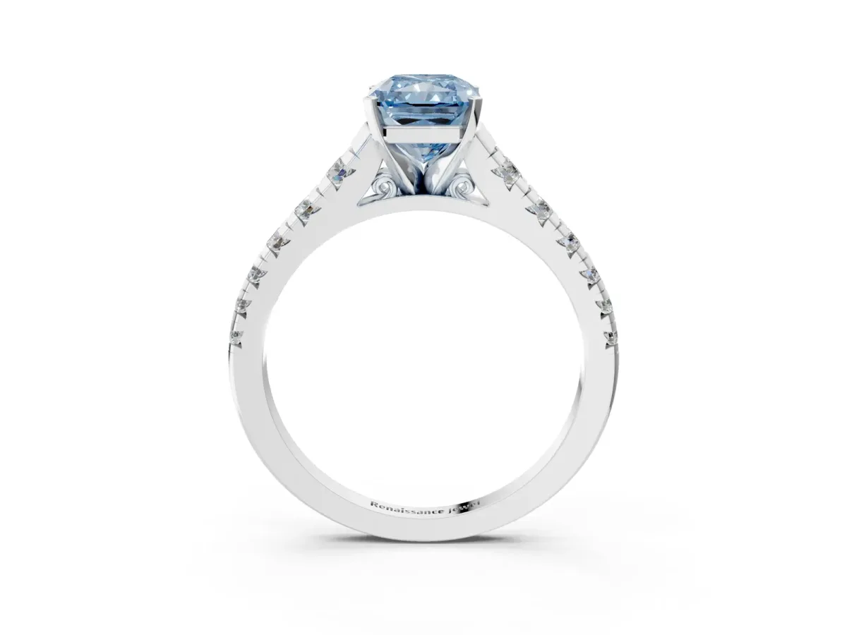 Fancy Blue Radiant Cut Diamond Cathedral Solitaire Ring with Round Pavé Band Silver