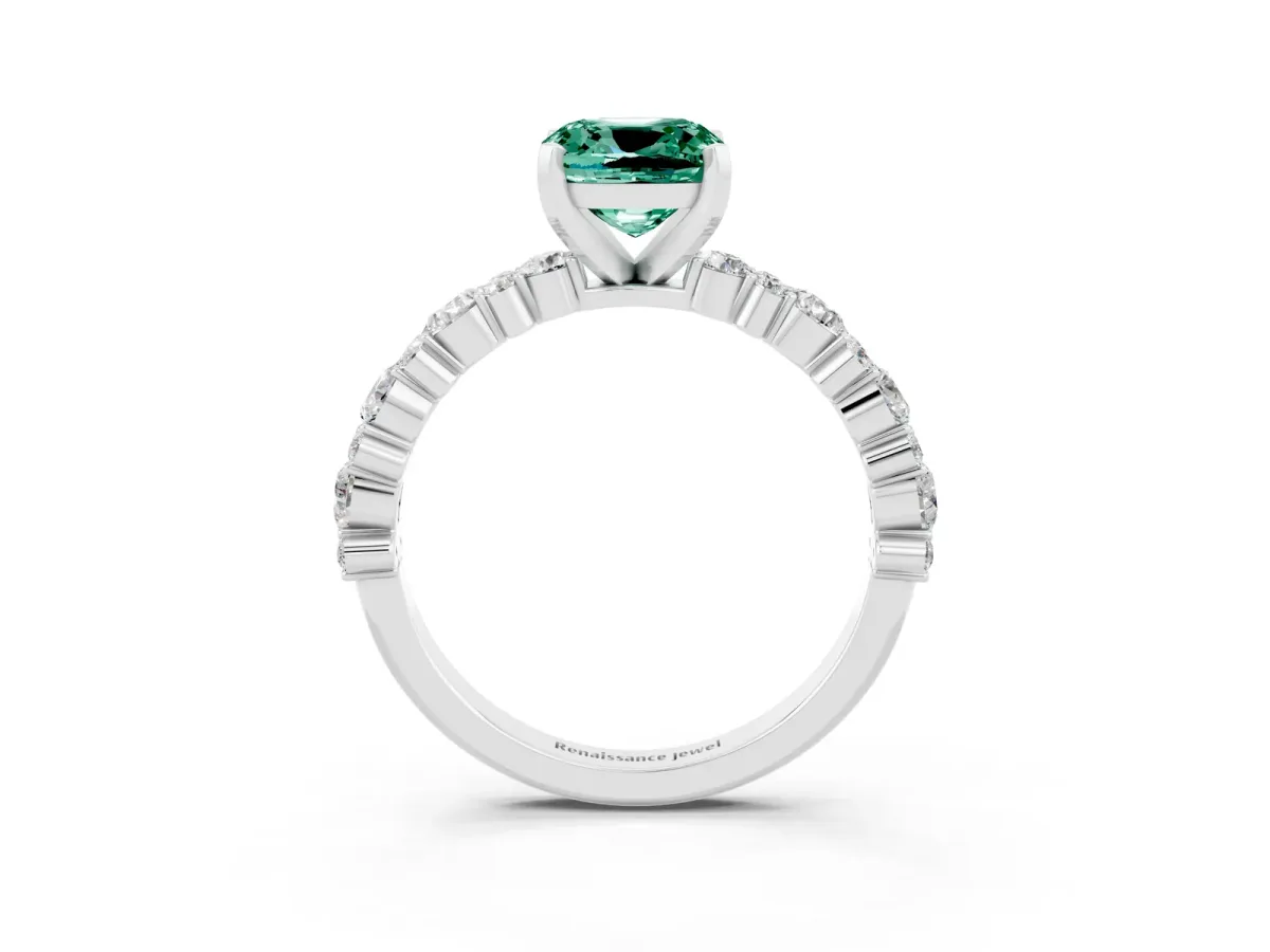 Cushion Cut Green Sapphire Side Stone Solitaire Ring with Round and Four-Prong Setting Platinum