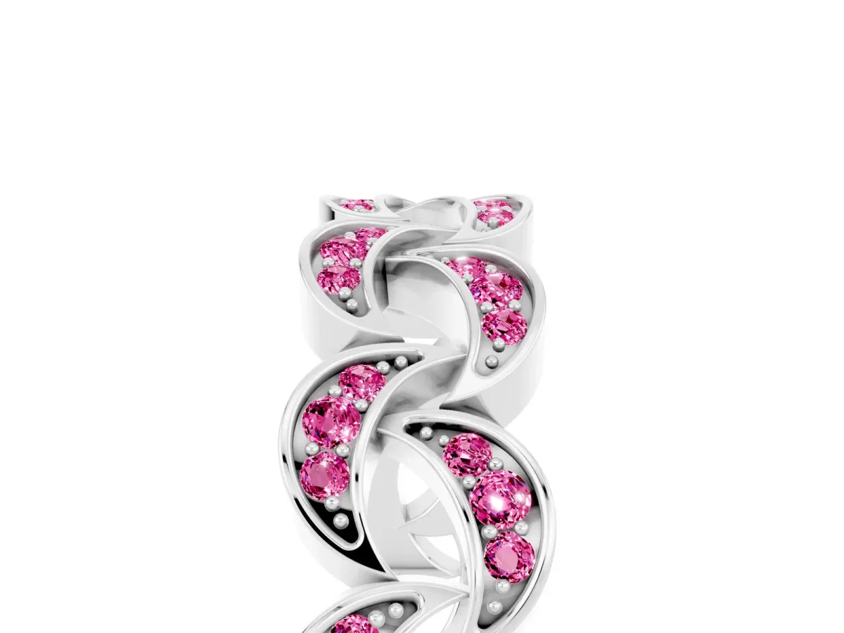 Pavé Round Pink Sapphire Interlocking Eternity Band with Bezel Prong Setting Platinum