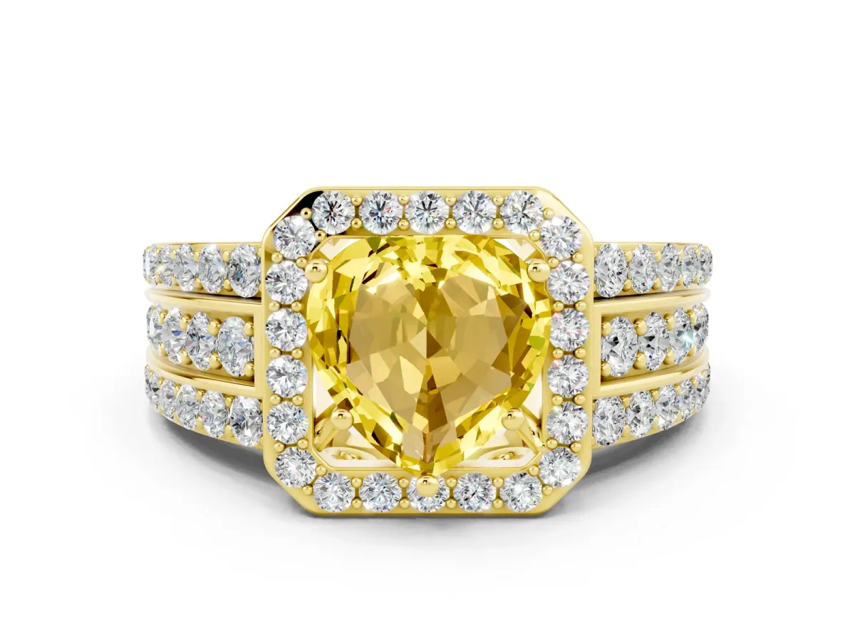 Heart Cut Halo Yellow Sapphire Ring with Round Split Shank and Prong Setting Yellow gold