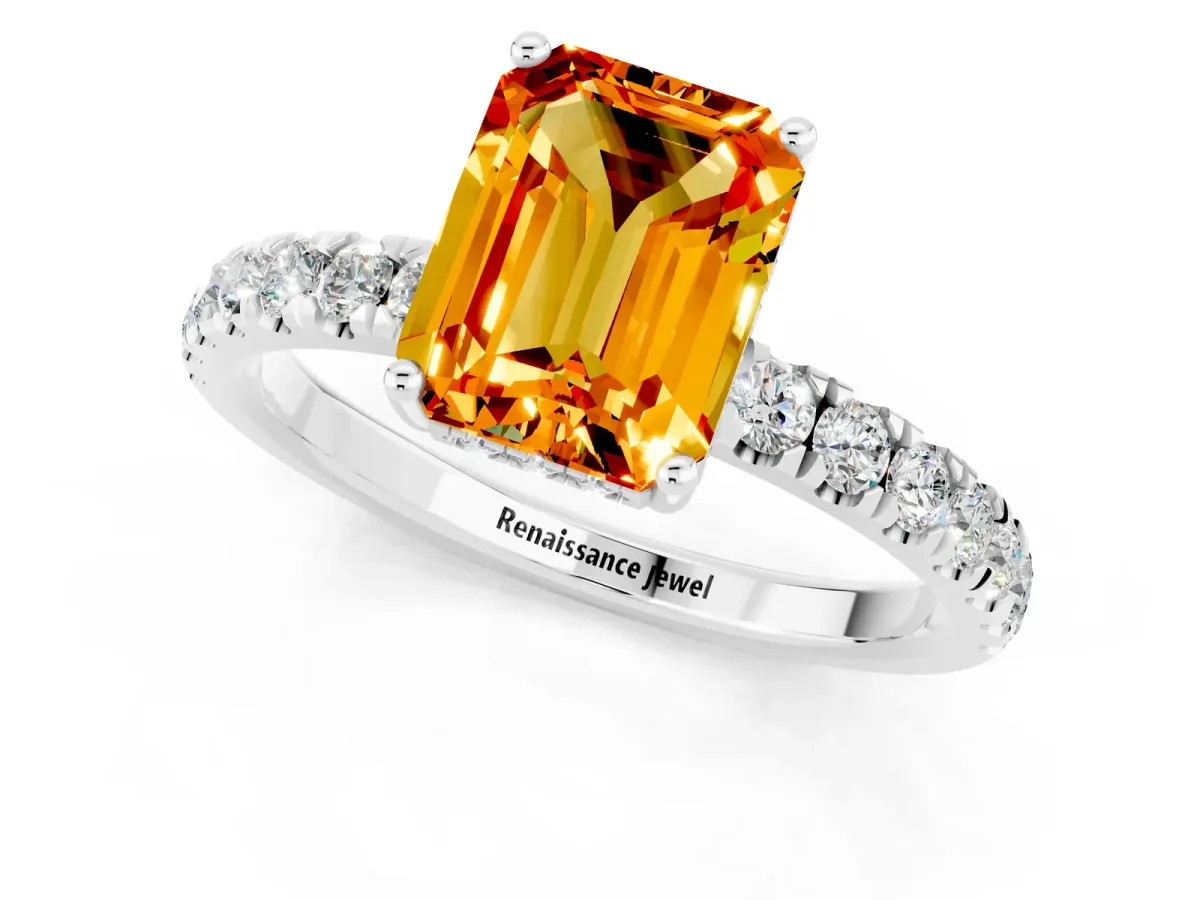 Emerald Cut Citrine Pave Band Solitaire Ring with Round and Prong Setting Silver
