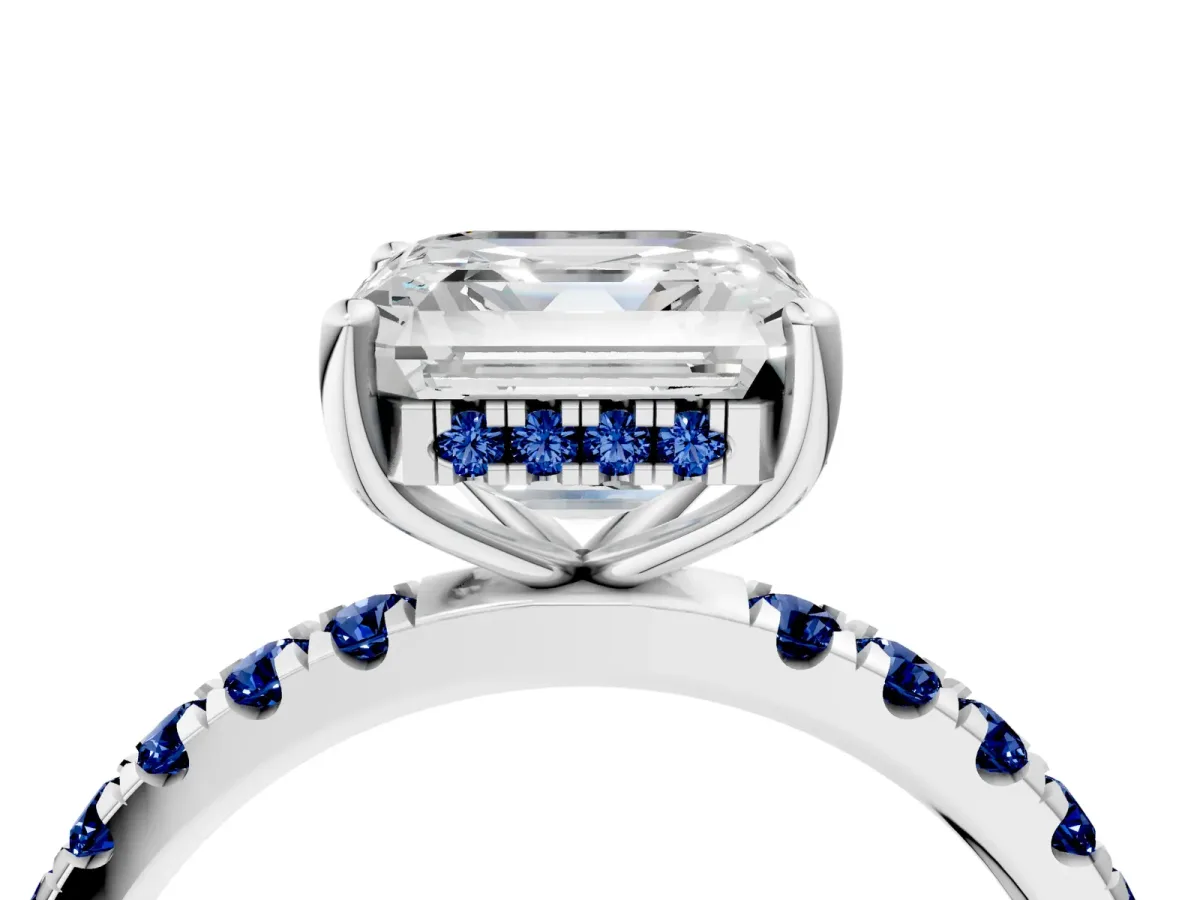 Asscher Cut Diamond Pave Band Solitaire Ring with Round Blue Sapphire and Prong Setting Platinum